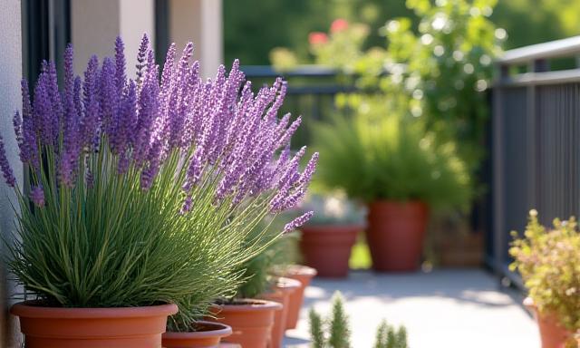 Zonnig balkon met lavendel en vetplanten