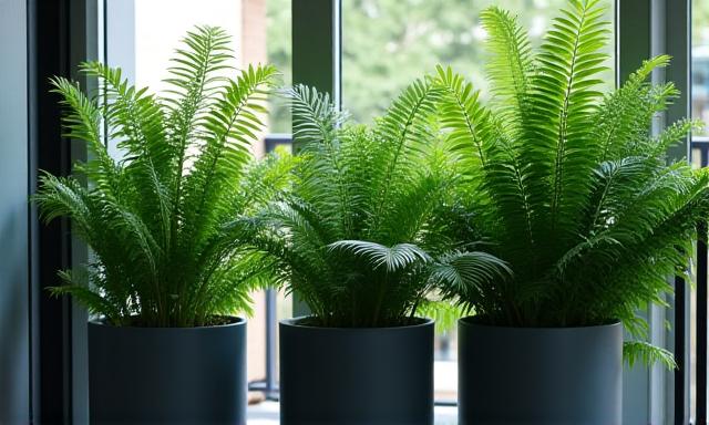 Schaduwrijk balkon met varens en hosta's